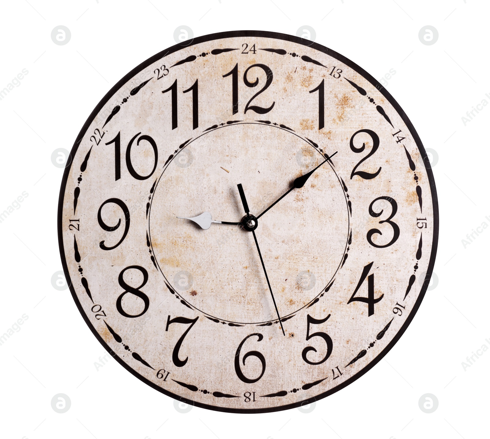 Photo of Stylish round clock isolated on white. Interior element