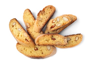 Slices of tasty cantucci on white background, top view. Traditional Italian almond biscuits