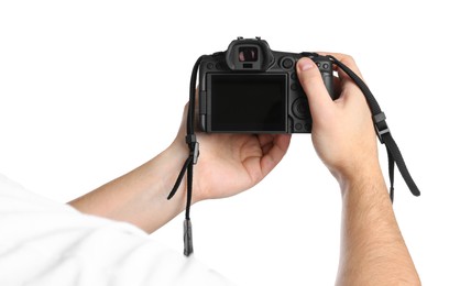 Photo of Photographer holding modern camera on white background, closeup