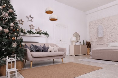 Living room interior with Christmas tree and festive decor