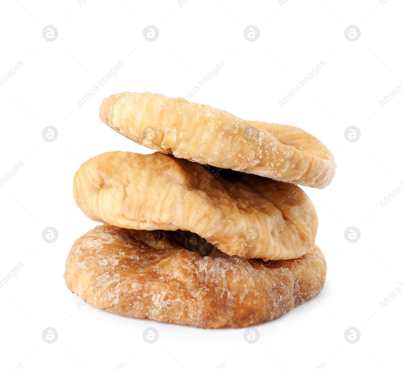 Photo of Stack of tasty dried figs on white background