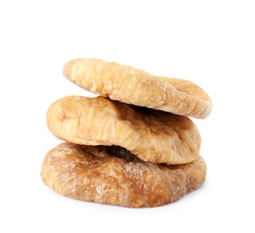 Photo of Stack of tasty dried figs on white background