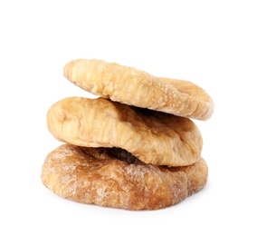 Stack of tasty dried figs on white background