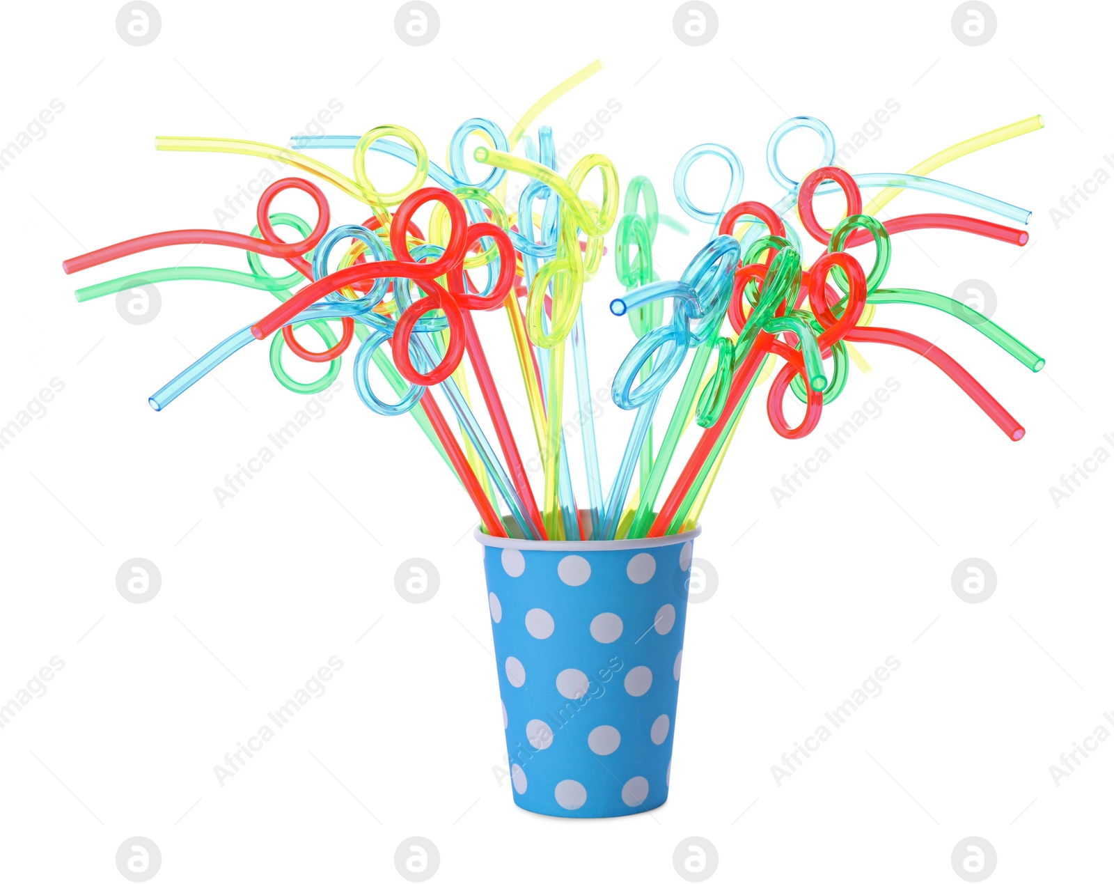 Photo of Color plastic cocktail tubes in paper cup on white background