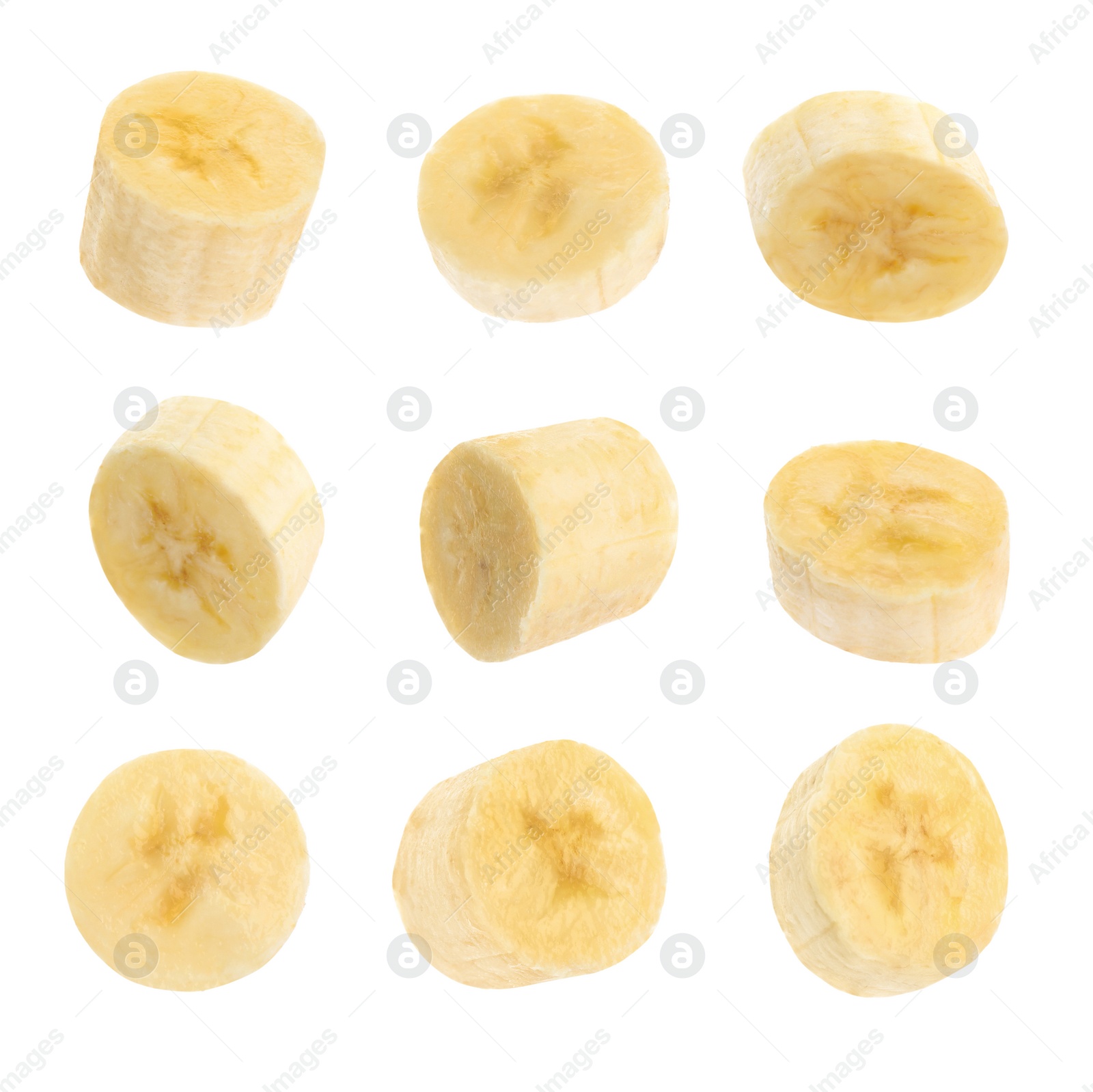 Image of Pieces of tasty ripe banana on white background, collage 