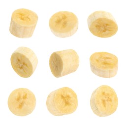 Pieces of tasty ripe banana on white background, collage 