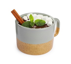 Cup of delicious hot chocolate with marshmallows, cinnamon stick and mint on white background
