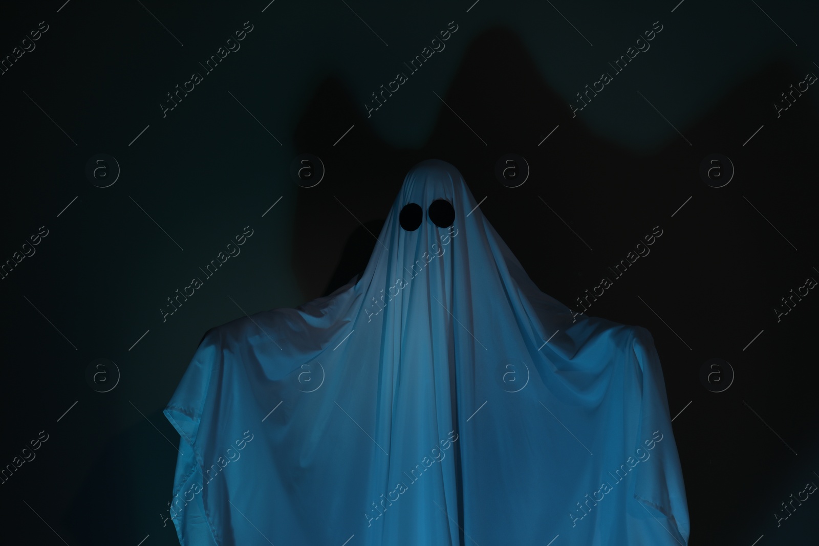 Photo of Creepy ghost. Woman covered with sheet on dark background