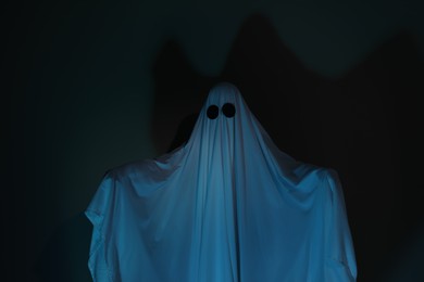 Photo of Creepy ghost. Woman covered with sheet on dark background