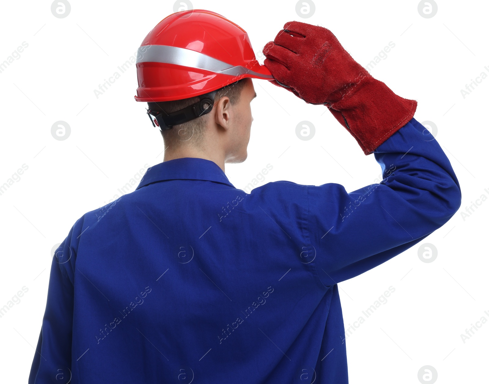 Photo of Young man wearing safety equipment on white background