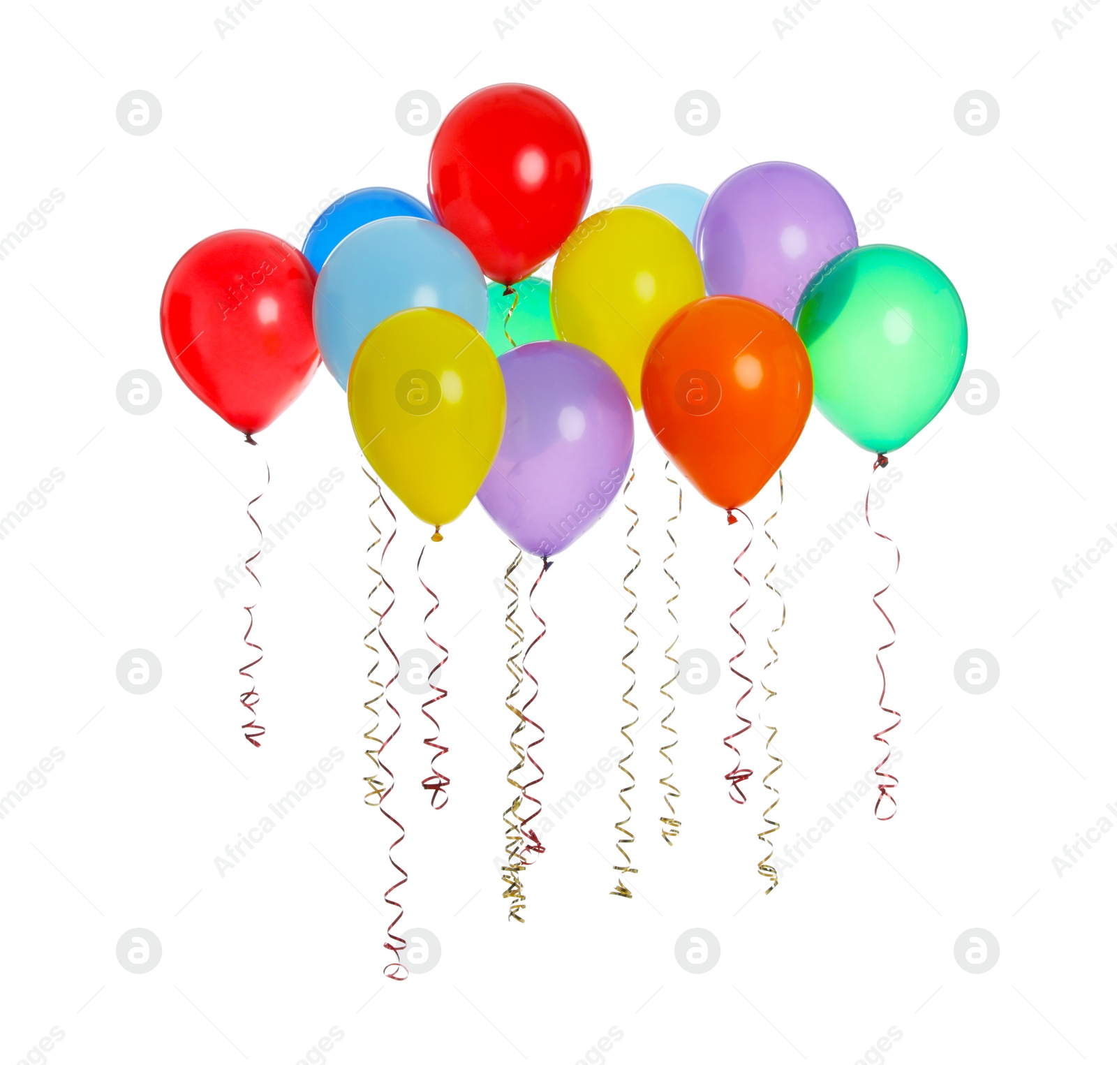 Photo of Many colorful balloons floating on white background