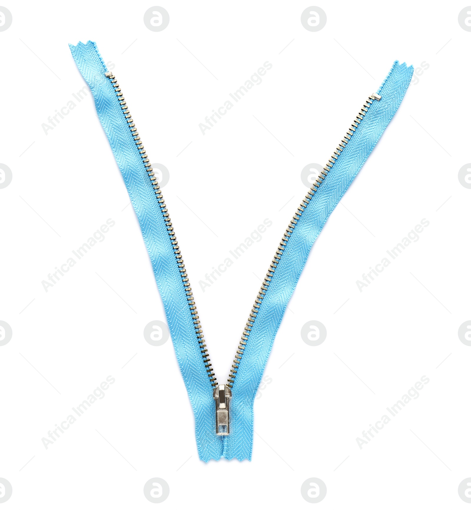 Photo of Light blue zipper isolated on white, top view