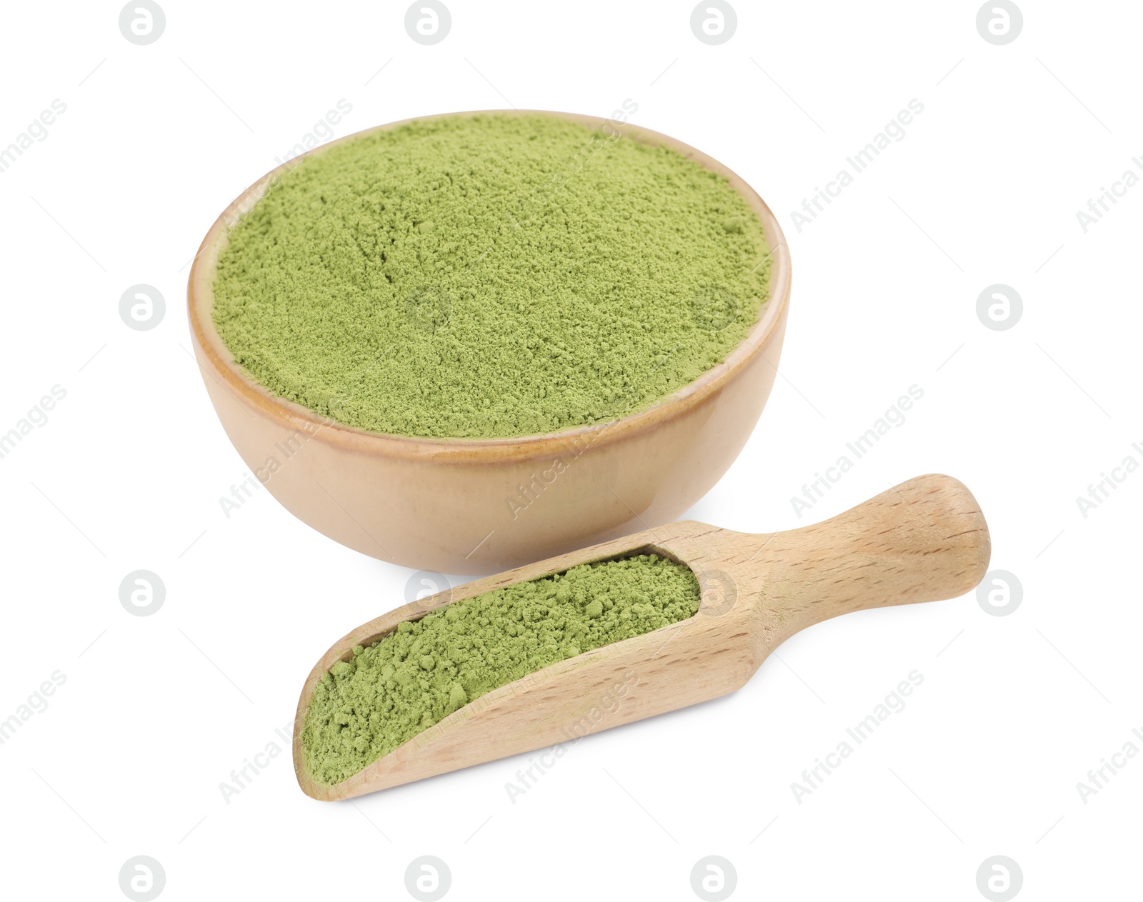 Photo of Bowl and scoop with matcha powder isolated on white