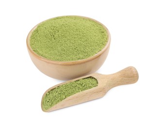 Photo of Bowl and scoop with matcha powder isolated on white