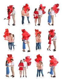 Image of Collage of happy young couples with heart shaped balloons on white background