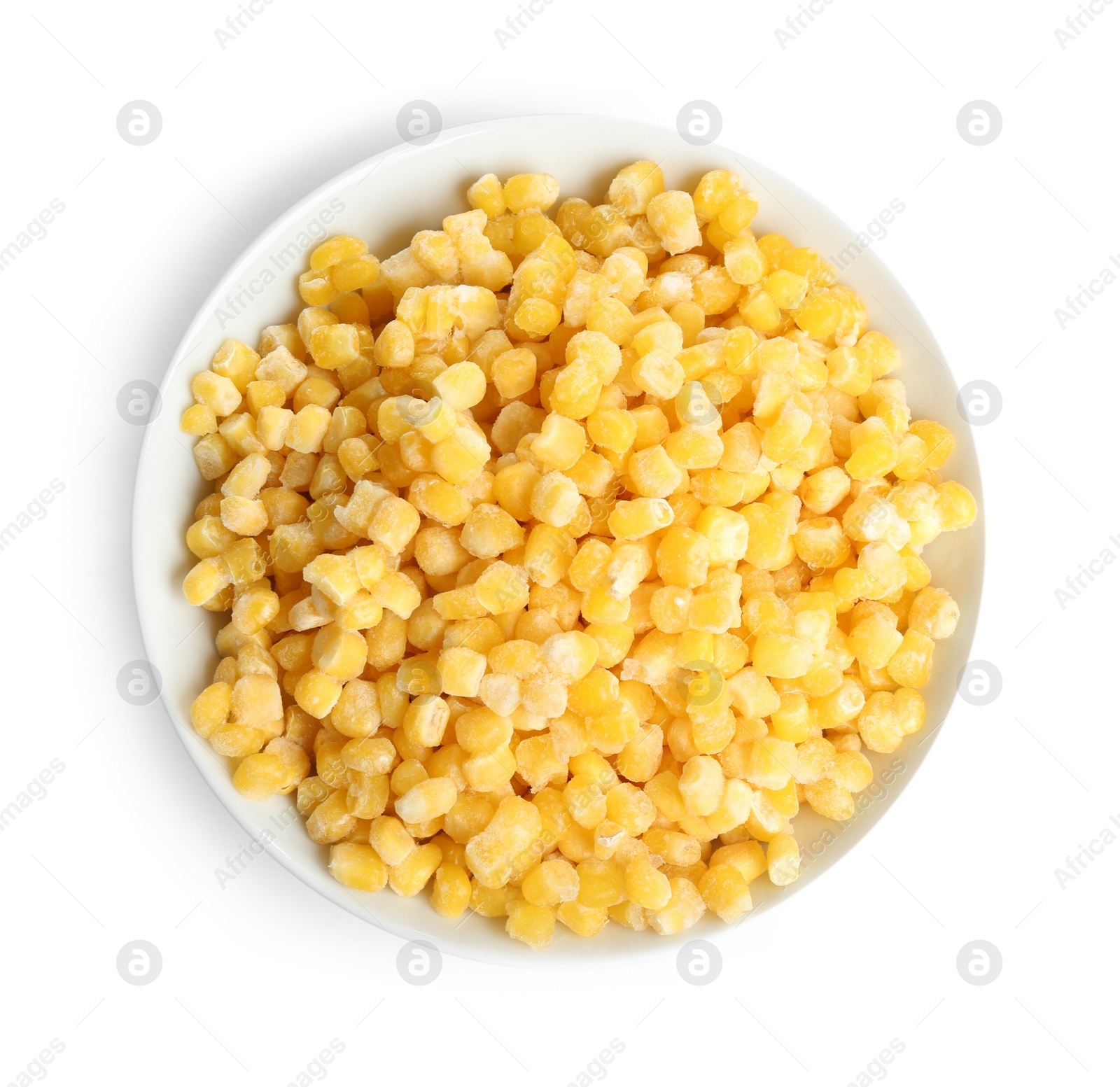 Photo of Frozen corn in bowl isolated on white, top view. Vegetable preservation