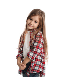 Portrait of cute little girl on white background