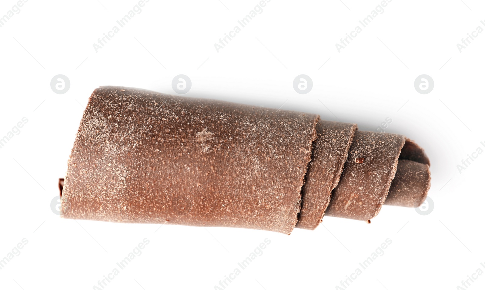 Photo of Curl of tasty chocolate on white background