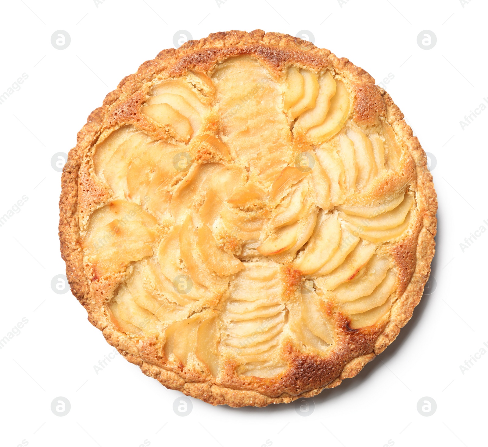 Photo of Delicious sweet pear tart on white background, top view