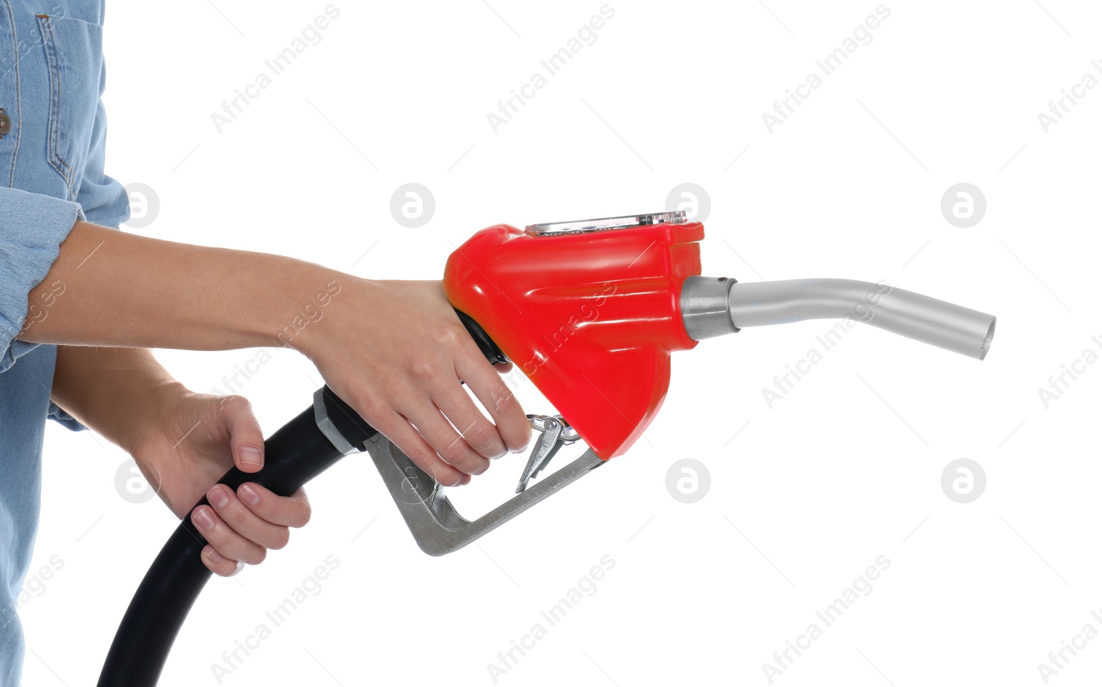 Photo of Woman with fuel nozzle on white background, closeup. Gas station