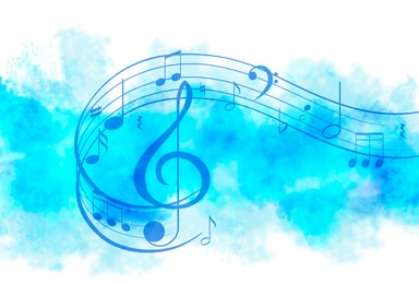 Illustration of Swirly staff with music notes and other musical symbols on color background