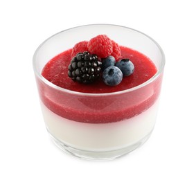 Photo of Delicious panna cotta with fruit coulis and fresh berries isolated on white