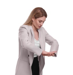 Photo of Portrait of beautiful businesswoman posing on white background