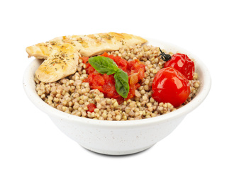 Tasty buckwheat porridge with meat and vegetables isolated on white