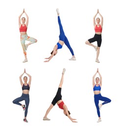 Young woman practicing yoga on white background. Collage with different asanas