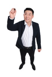 Photo of Businessman in suit with marker writing on white background, above view