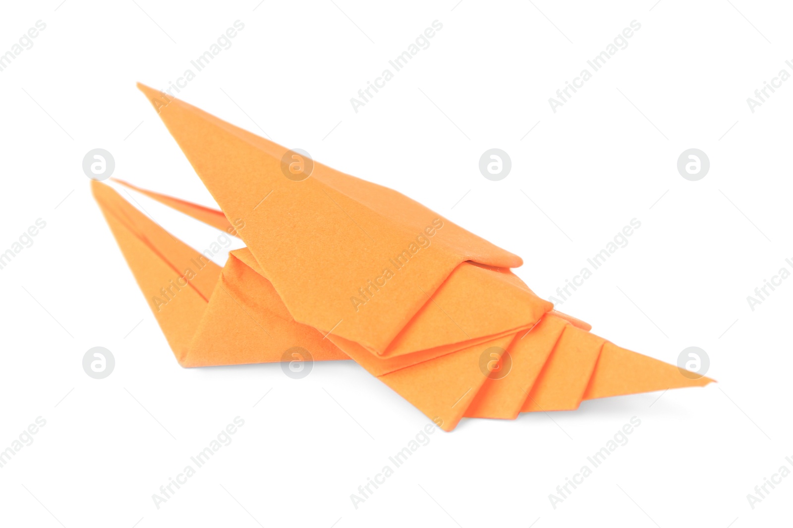 Photo of Origami art. Handmade orange paper crayfish on white background