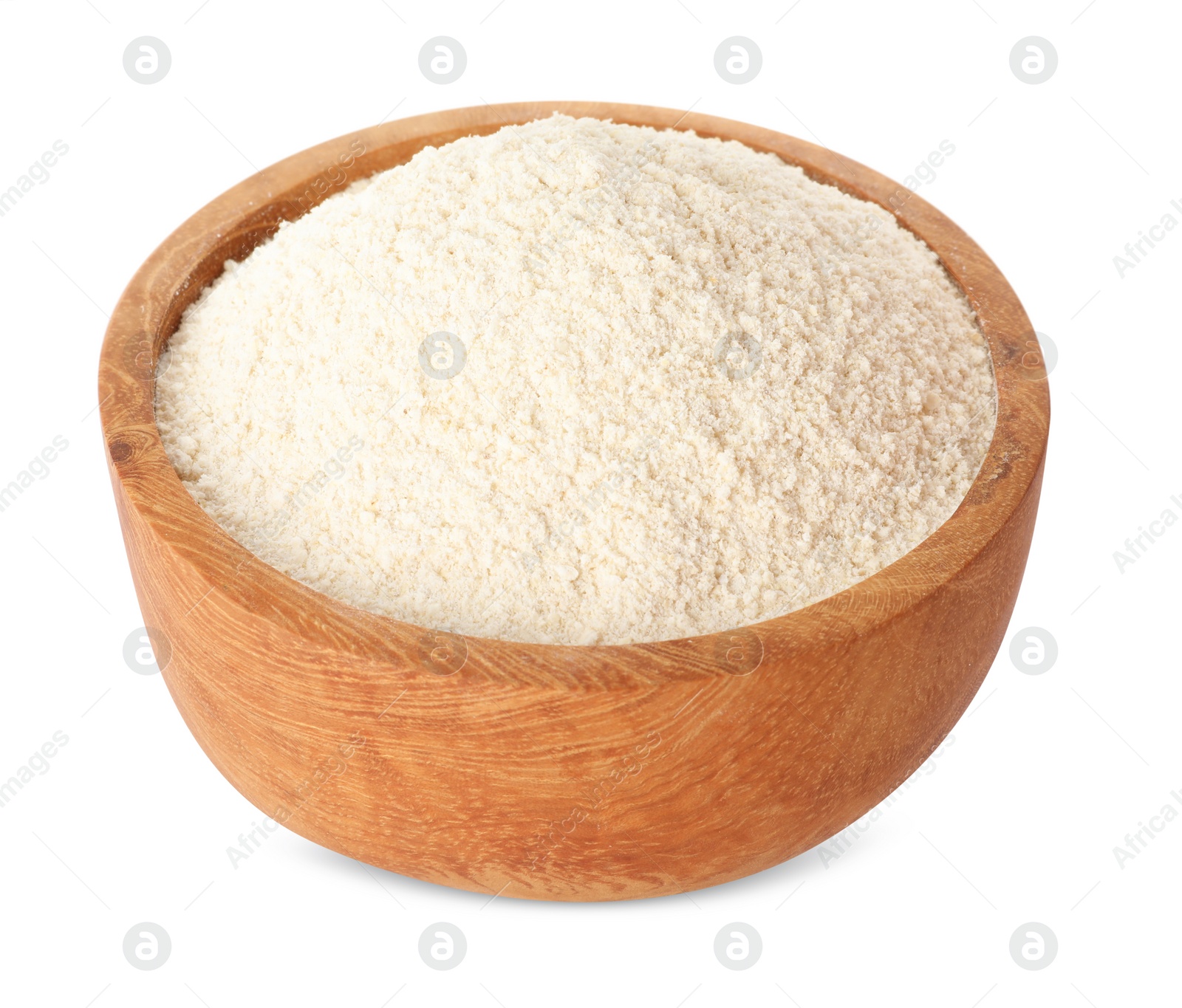 Photo of Quinoa flour in wooden bowl isolated on white