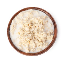 Tasty boiled oatmeal in bowl isolated on white, top view