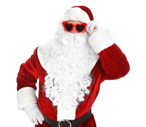 Photo of Authentic Santa Claus wearing sunglasses on white background