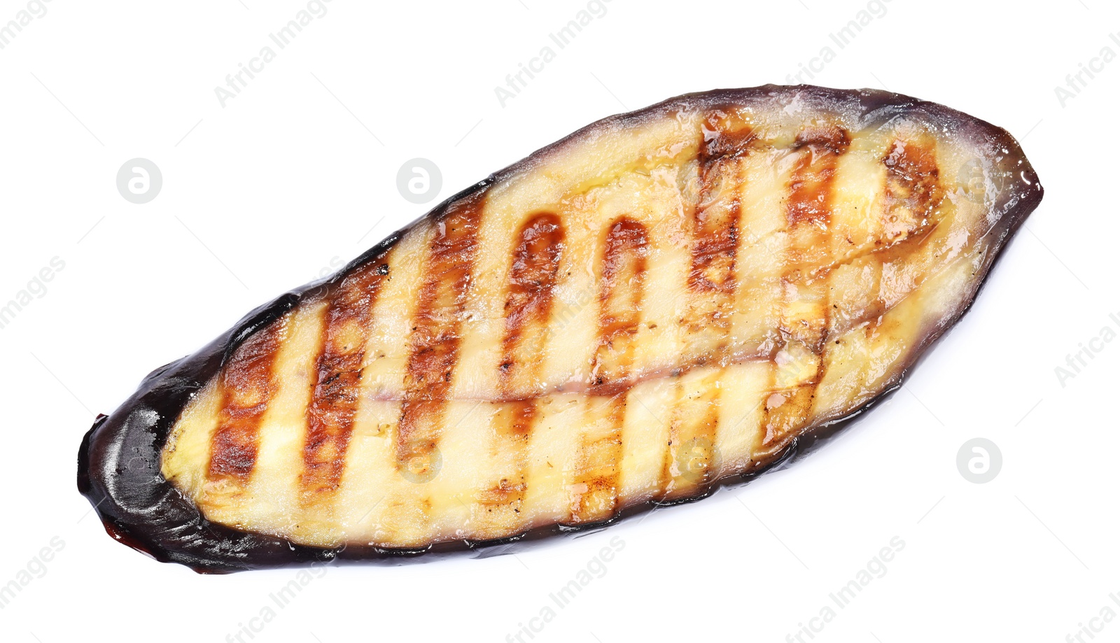 Photo of One slice of tasty grilled eggplant isolated on white, top view