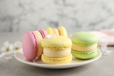 Delicious colorful macarons on grey table, closeup