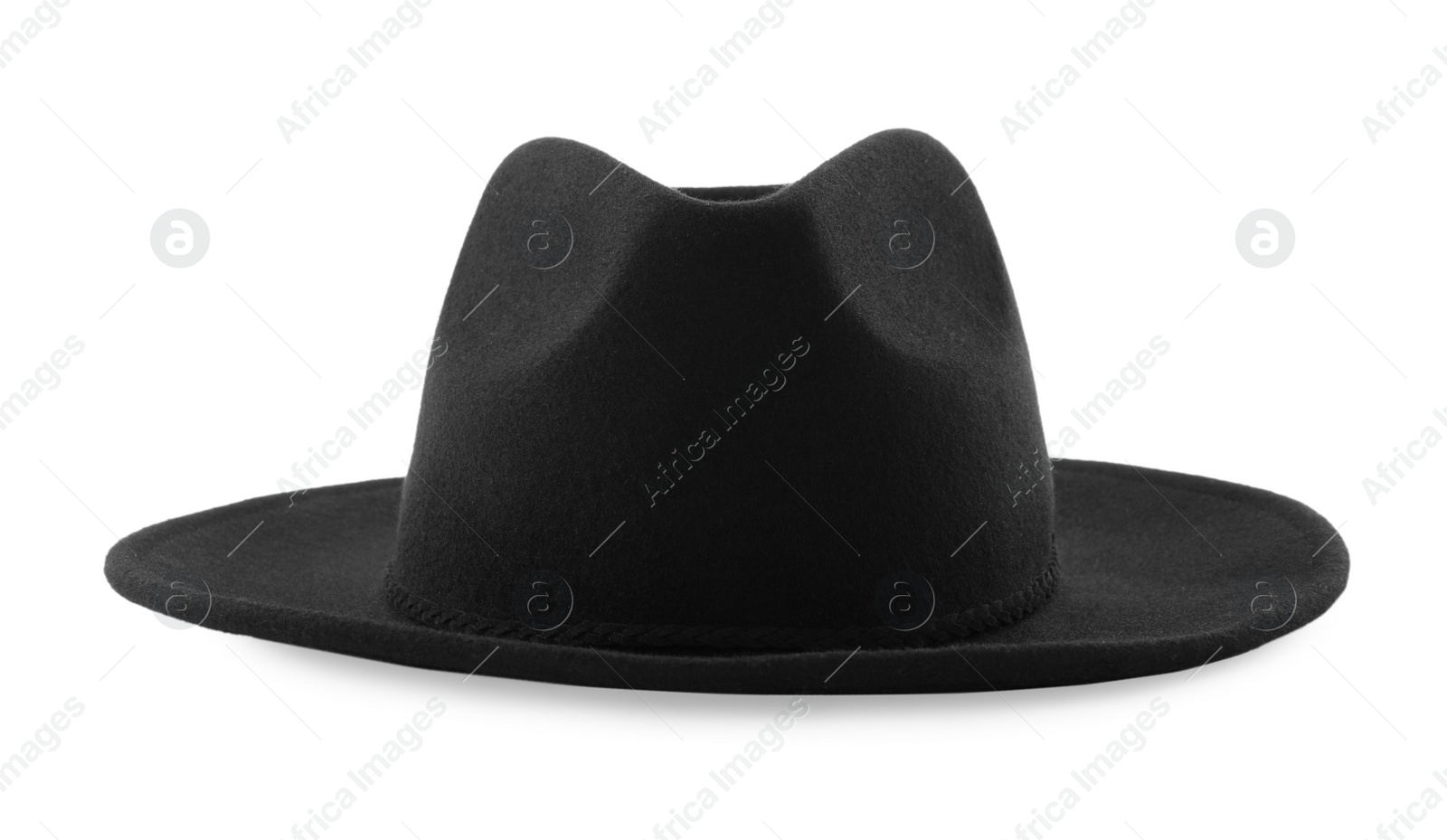 Photo of Stylish black hat isolated on white. Trendy headdress