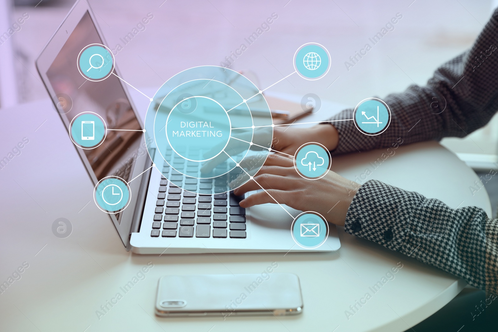 Image of Businesswoman working with laptop indoors, closeup. Digital marketing