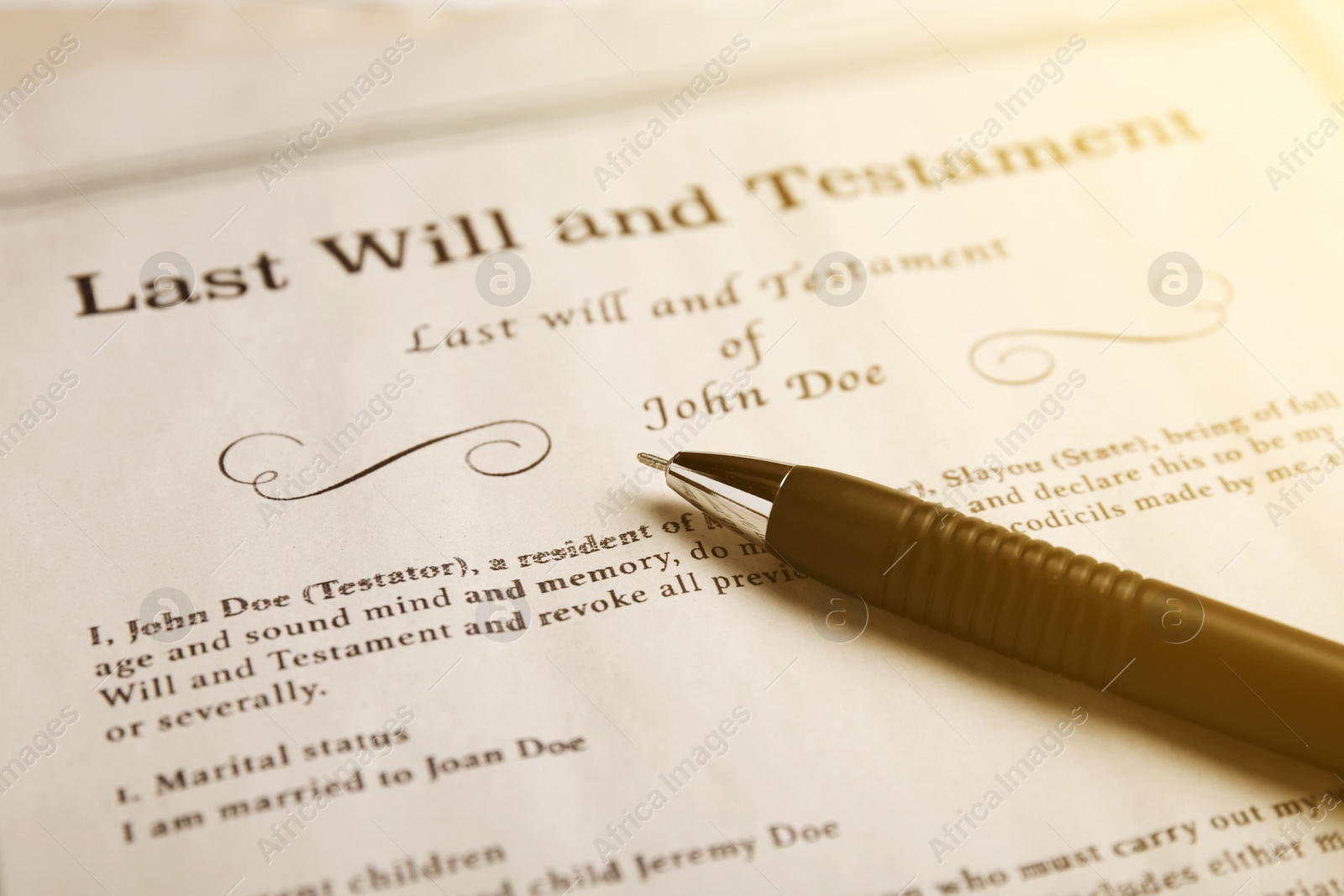 Image of Last Will and Testament with pen, closeup