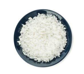 Photo of Plate of boiled rice on white background, top view