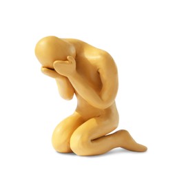 Photo of Plasticine figure of crying human isolated on white