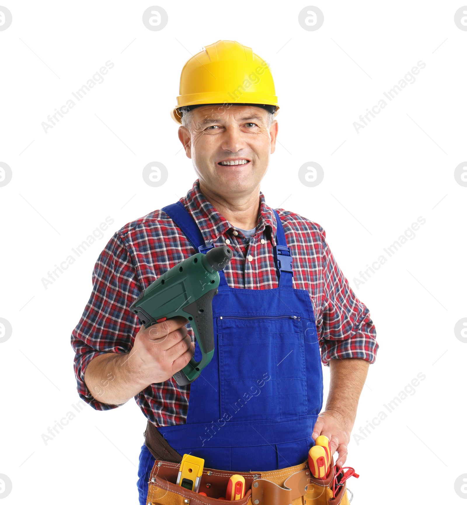 Photo of Electrician with drill wearing uniform on white background