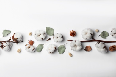 Photo of Composition with cotton flowers on white background, top view