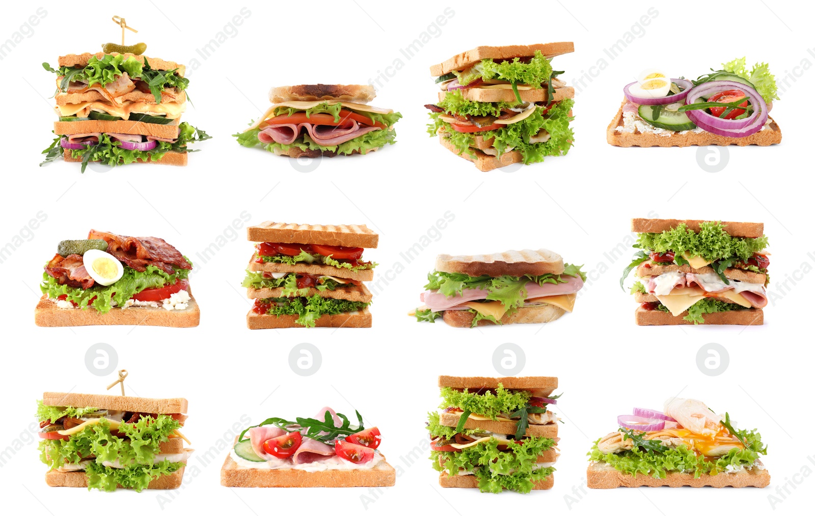 Image of Set of toasted bread with different toppings on white background