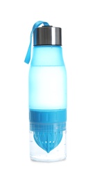 Photo of Sport water bottle with strap on white background