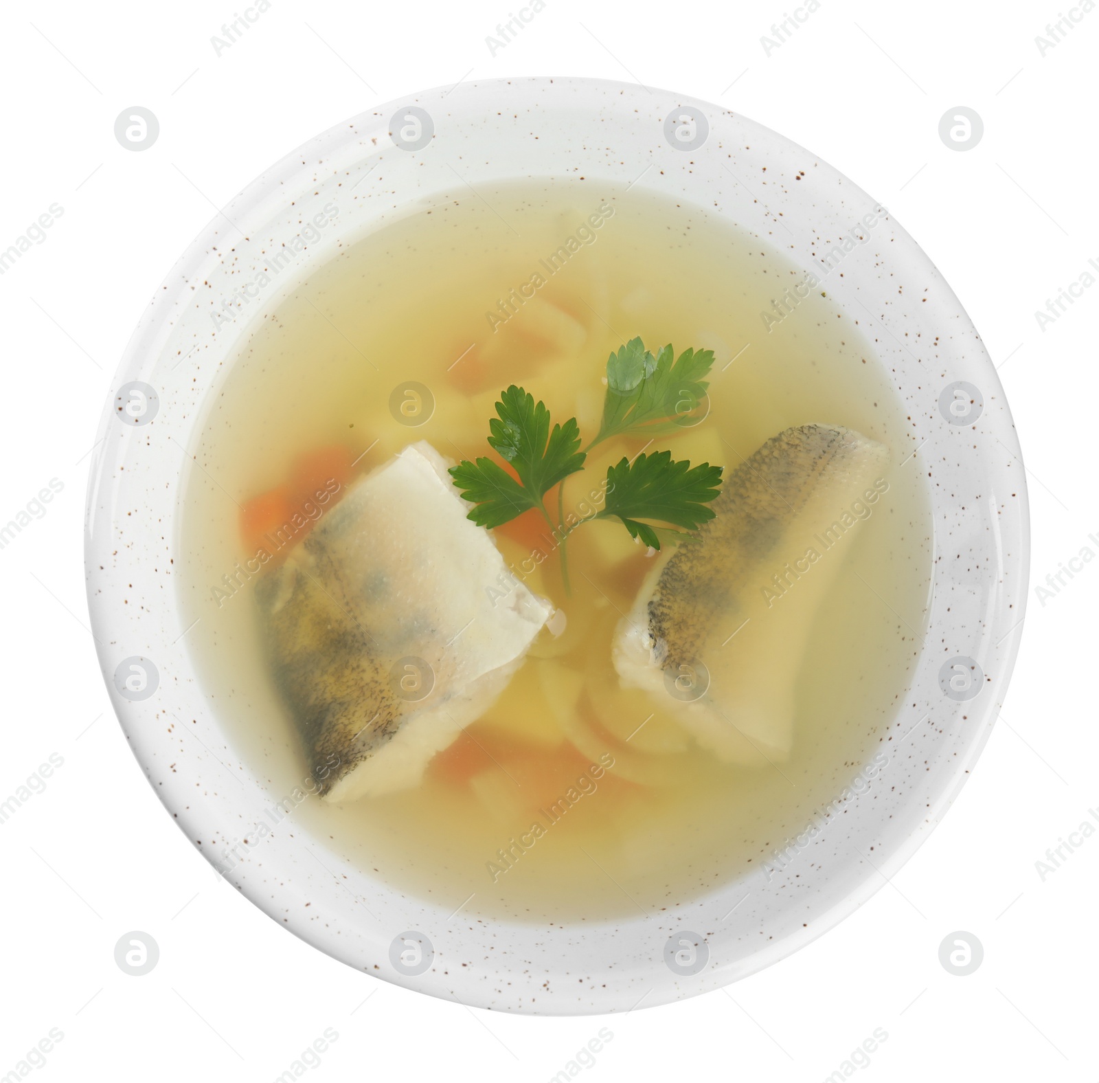 Photo of Delicious fish soup in bowl isolated on white, top view