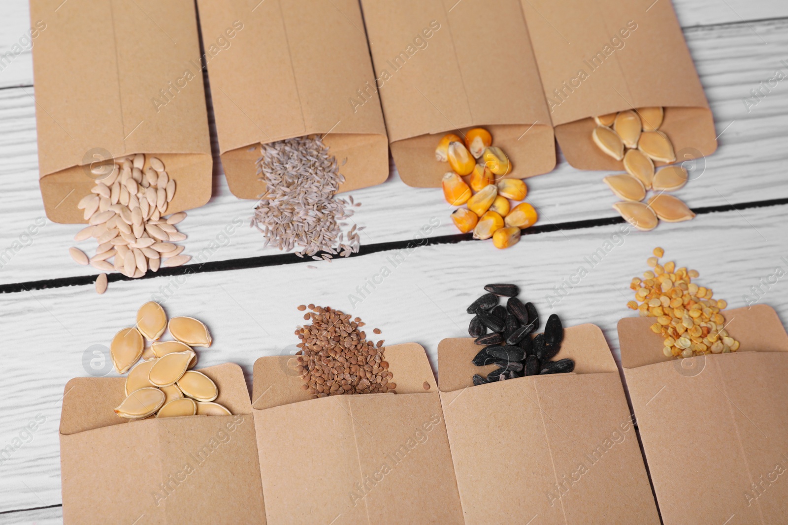 Photo of Many different vegetable seeds on white wooden table