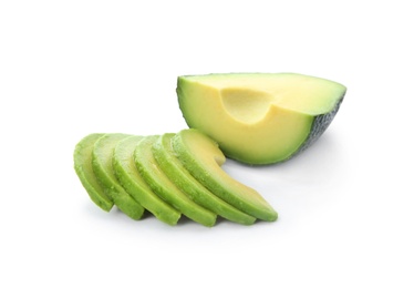 Slices of ripe avocado on white background