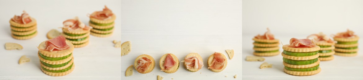 Image of Delicious crackers with prosciutto on white wooden table, set
