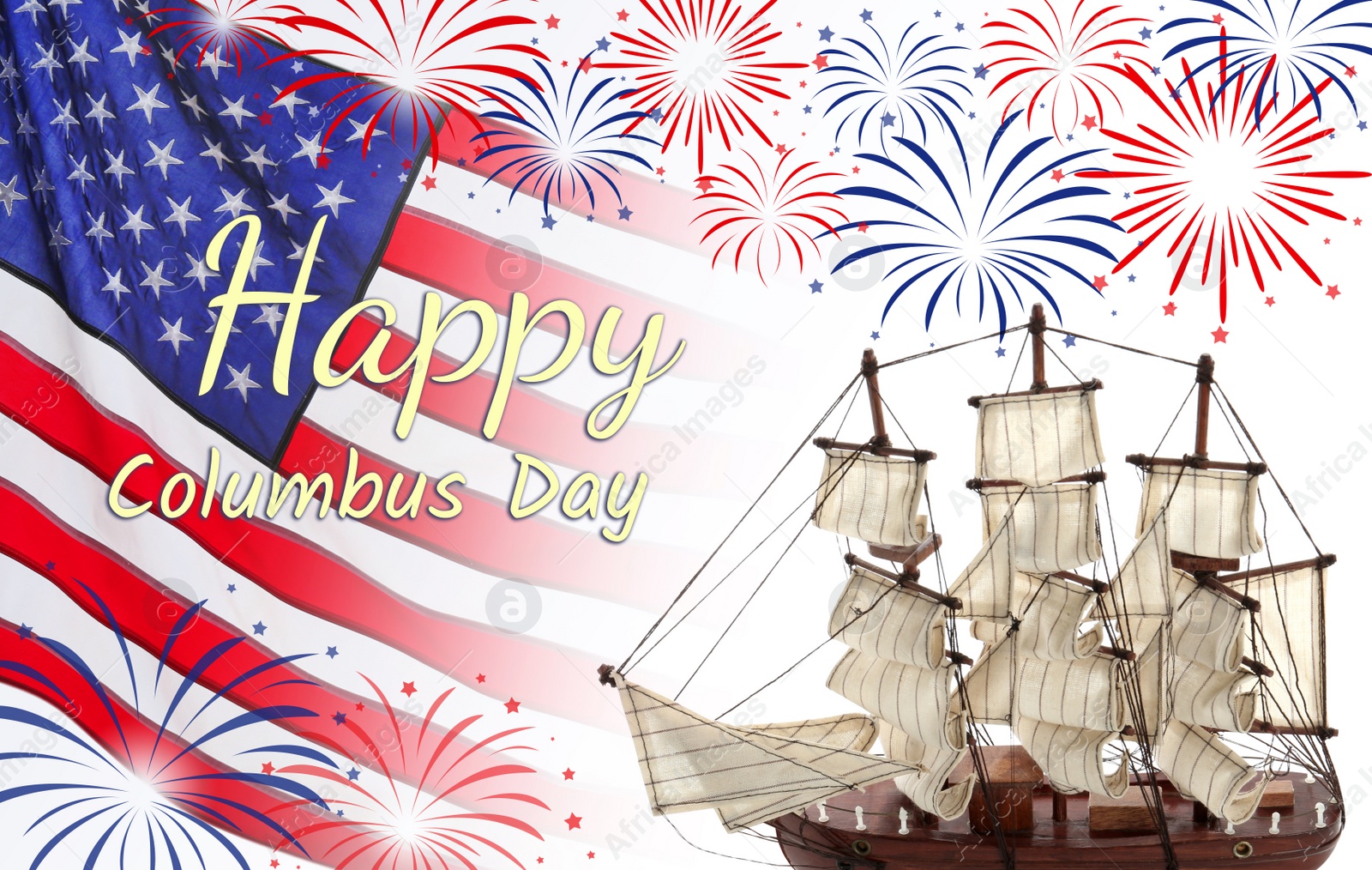 Image of Happy Columbus Day. American national flag with fireworks and ship on white background